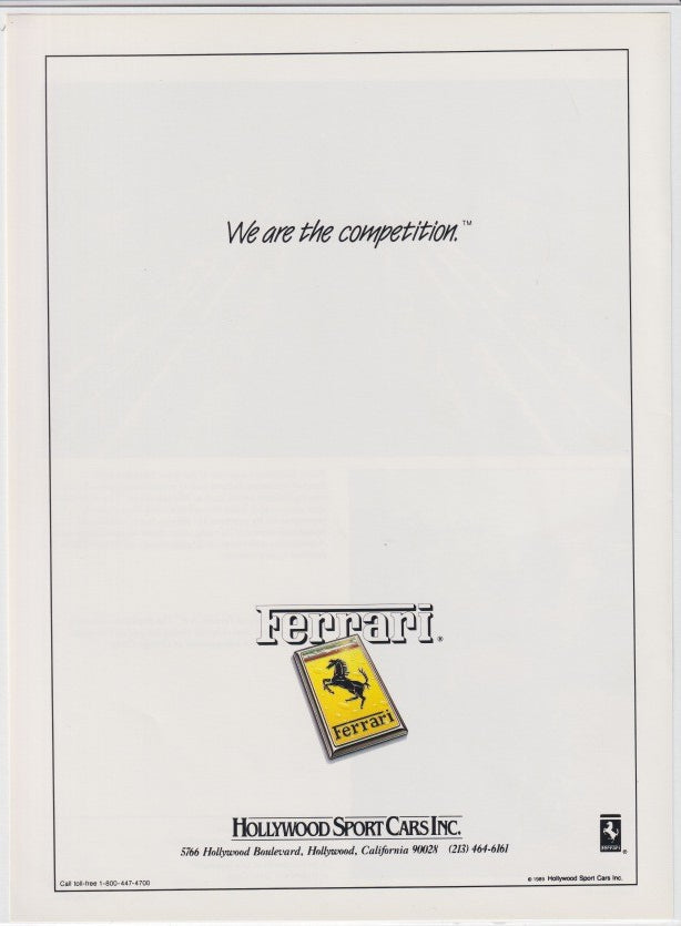 Vintage 1980s Ferrari original print advertisement, minimalist white background with prancing horse logo and text 'We are the competition'