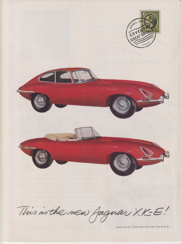 Vintage 1960s Jaguar XKE original print advertisement, showing red coupe and roadster models with postmark design element