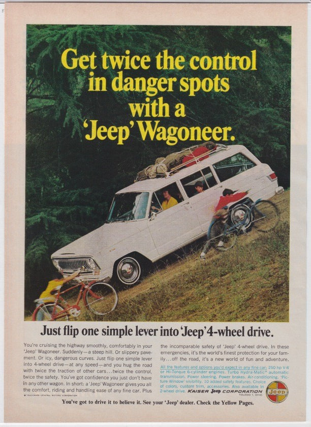 Vintage 1970s Jeep Wagoneer original print advertisement, white SUV climbing steep terrain with family inside