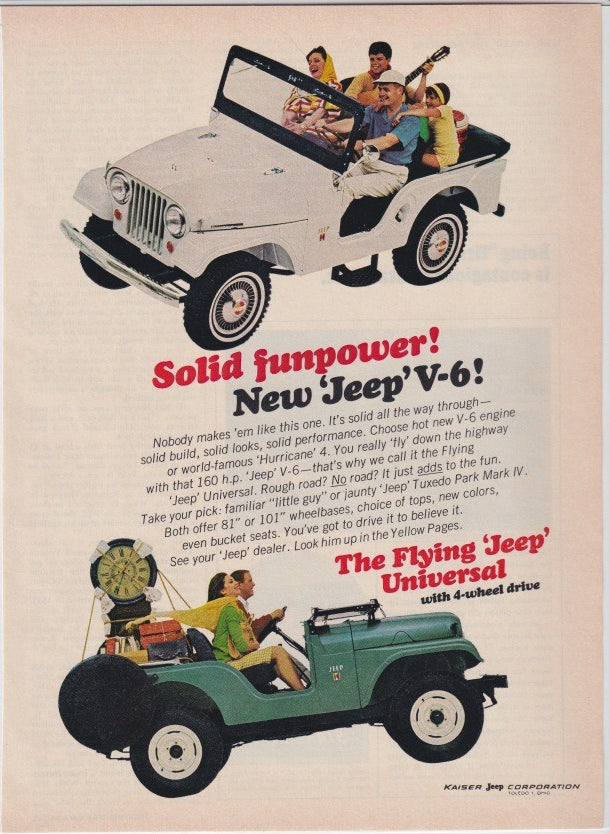 Vintage 1950s Jeep CJ Universal original print advertisement, showing white and green Jeep vehicles with families, promoting V-6 engine and four-wheel drive