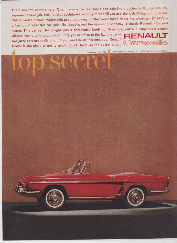 Vintage 1960s Renault Caravelle original print advertisement, red convertible sports car on gradient brown background