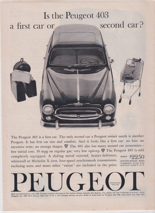 Vintage 1960s Peugeot 403 original print advertisement, showing elegant French sedan with luggage and golf clubs