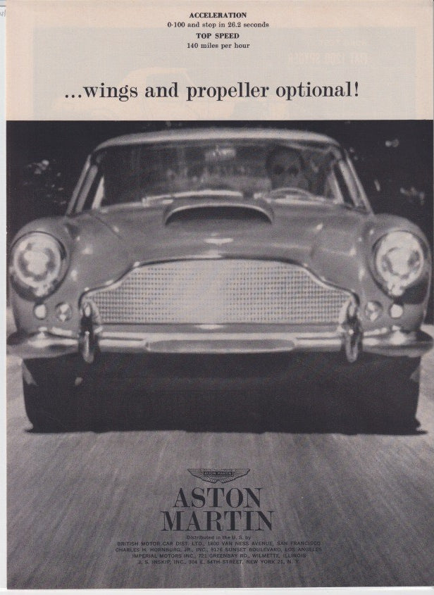 Vintage 1960s Aston Martin DB4 original print advertisement, front view of classic British sports car with performance specifications