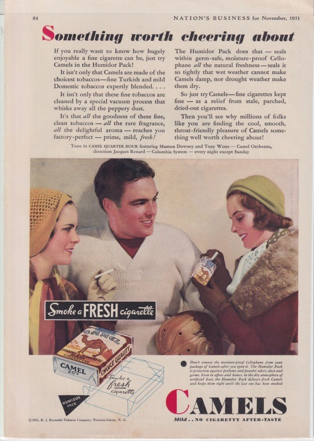 Vintage 1931 Camel cigarettes original print advertisement, three elegantly dressed companions sharing a cigarette with Humidor Pack and 'Smoke a Fresh Cigarette' tagline