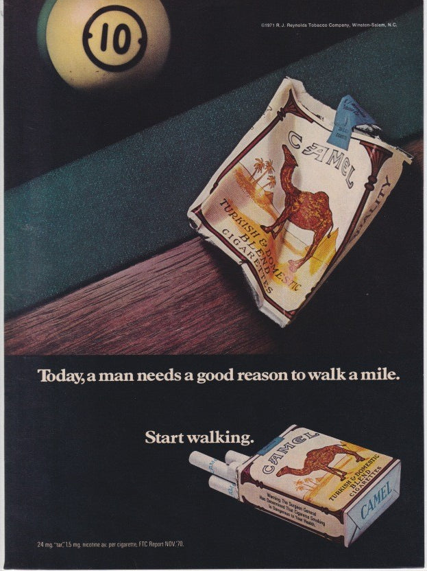 Vintage 1971 Camel cigarettes original print advertisement, crumpled Camel pack resting on a billiard table rail near the 10-ball with 'Today, a man needs a good reason to walk a mile. Start walking.' headline