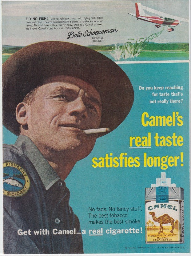 Vintage 1962 Camel cigarettes original print advertisement, fisheries biologist Dale Schoeneman in wide-brim hat with cigarette, small plane stocking mountain lake in background, teal and yellow color scheme