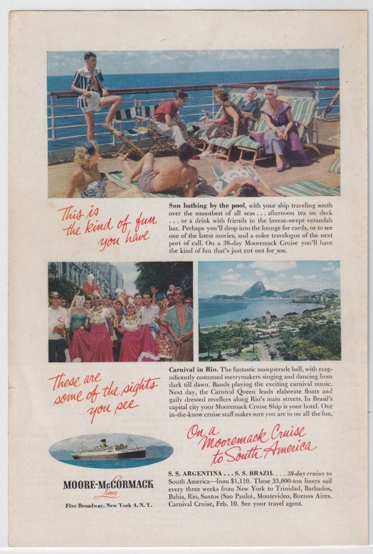 Vintage 1950s Moore-McCormack Lines South America Cruise original print advertisement, featuring poolside deck scene and Rio Carnival imagery with SS Argentina and SS Brazil ocean liners