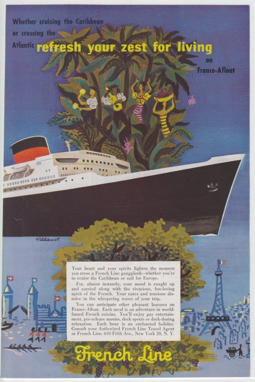 Vintage 1950s French Line ocean liner original print advertisement, colorful Villemot illustration of ship with tropical Caribbean dancers and lush foliage overhead