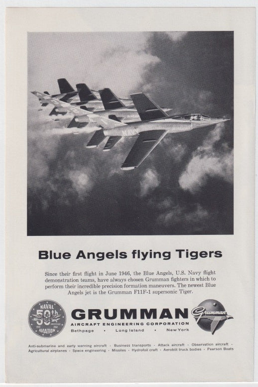 Vintage 1961 Grumman F11F-1 Tiger original print advertisement, four Blue Angels jets flying in tight formation through dramatic clouds, black and white photography