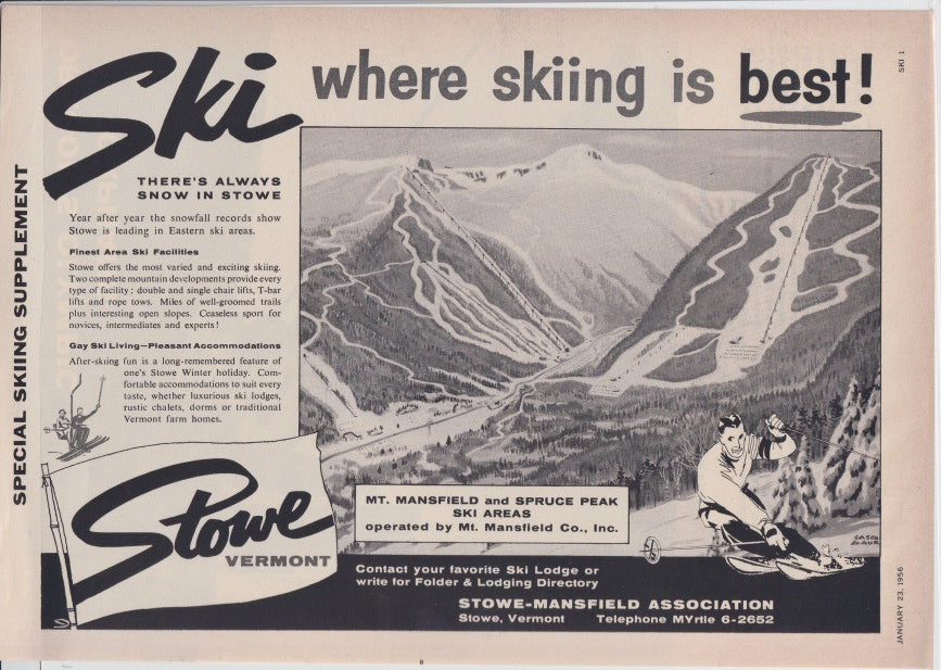 Vintage 1956 Stowe Vermont ski resort original print advertisement, illustrated mountain panorama of Mt. Mansfield and Spruce Peak with skier and lodge promotion