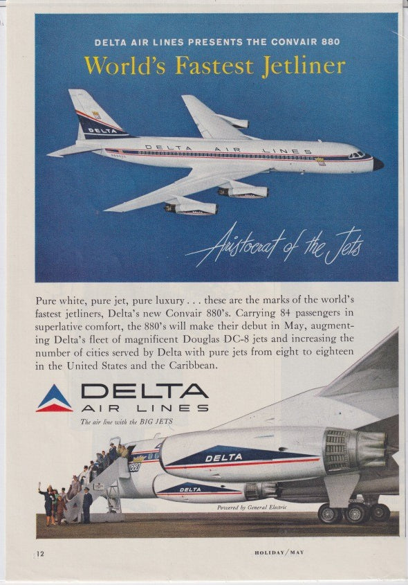 Vintage 1960 Delta Air Lines Convair 880 original print advertisement, Convair 880 jetliner in Delta livery cruising against blue sky above passengers boarding on tarmac