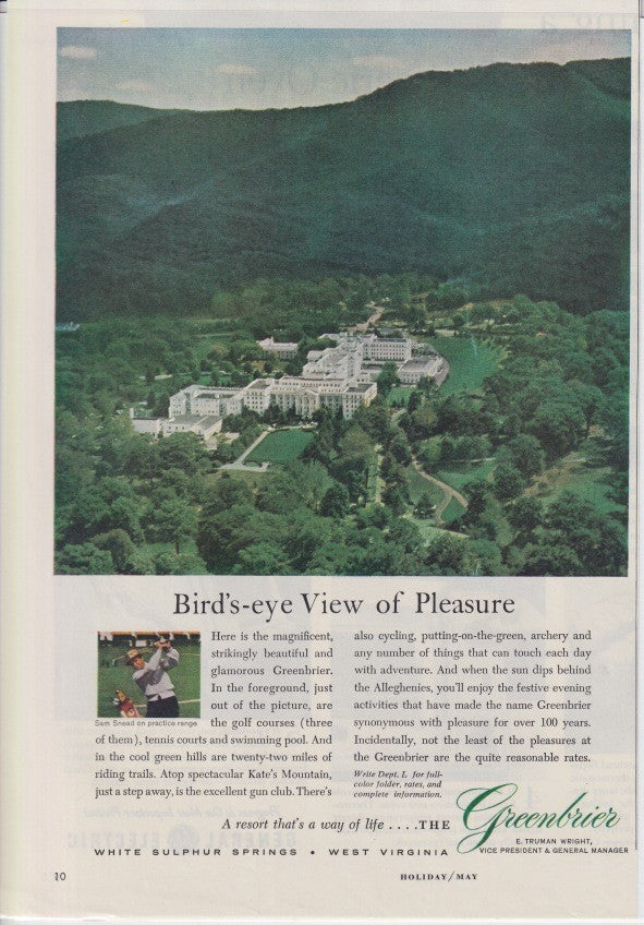 Vintage 1950s The Greenbrier Resort original print advertisement, aerial view of grand white hotel nestled in Allegheny Mountains with Sam Snead inset on golf practice range