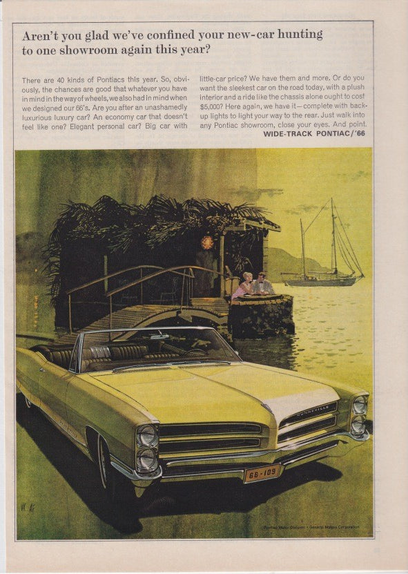 Vintage 1966 Pontiac Bonneville Wide-Track original print advertisement, yellow convertible parked at tropical marina dock with sailboat in background