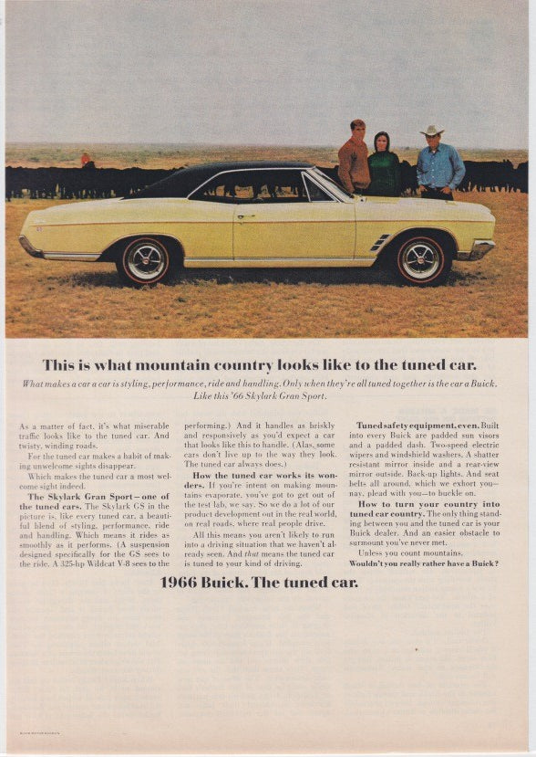 Vintage 1966 Buick Skylark Gran Sport original print advertisement, pale yellow hardtop coupe posed in open ranch country with figures standing beside the car