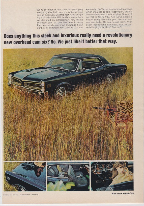 Vintage 1966 Pontiac LeMans original print advertisement, dark green hardtop coupe posed in golden field grass with interior and detail inset photos