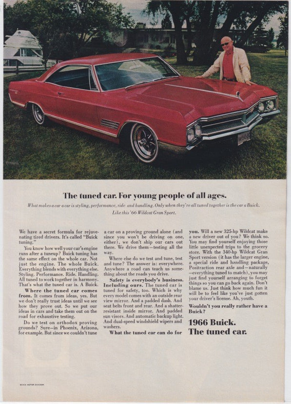 Vintage 1966 Buick Wildcat Gran Sport original print advertisement, red hardtop coupe parked outdoors with man leaning on hood, lakeside setting