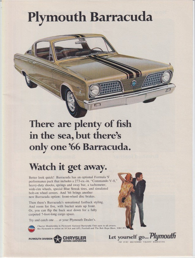 Vintage 1966 Plymouth Barracuda original print advertisement, gold fastback with racing stripes and couple in foreground, Formula S performance pack highlighted
