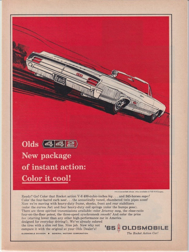 Vintage 1965 Oldsmobile 442 original print advertisement, dramatic red background with overhead illustration of white convertible in motion, 'Color It Cool' headline