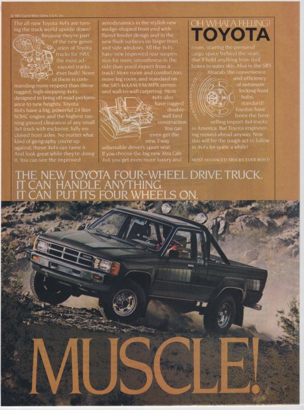 Vintage 1983 Toyota 4x4 Truck original print advertisement, dark green SR5 Xtra Cab climbing rocky terrain with bold MUSCLE! headline