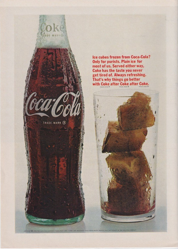 Vintage 1966 Coca-Cola original print advertisement, condensation-covered contour bottle beside a glass filled with large ice cubes on a light background