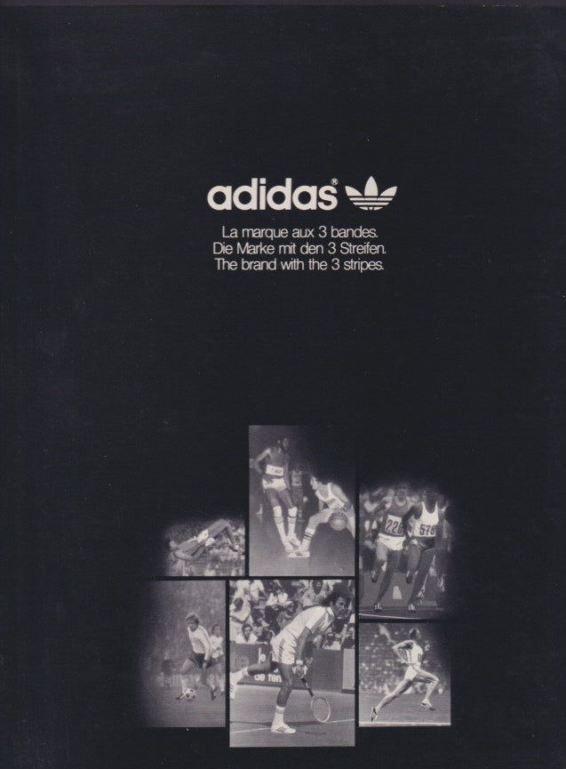 Vintage 1970s Adidas Three Stripes original print advertisement, black background with trefoil logo and multilingual tagline above collage of multi-sport athletes