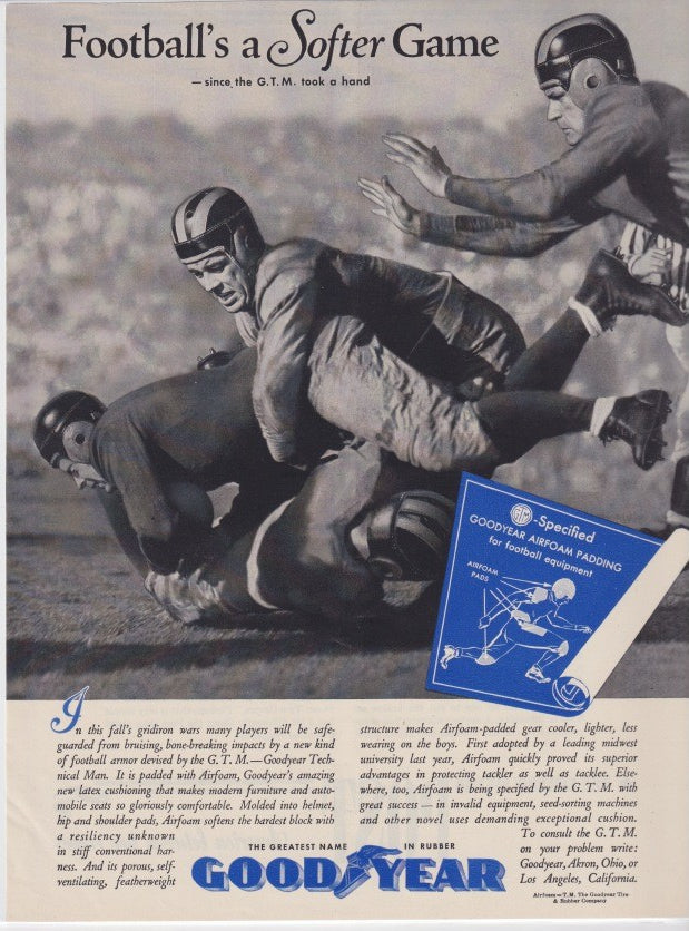 Vintage 1930s Goodyear Airfoam Football Padding original print advertisement, black and white action photo of leather-helmet players tackling with blue product insert overlay