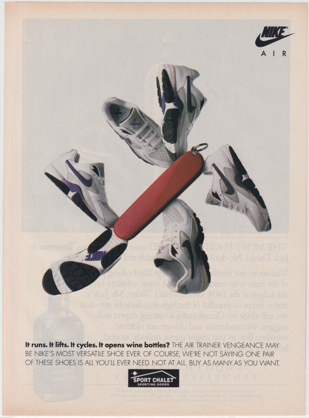 Vintage 1991 Nike Air Trainer Vengeance original print advertisement, four white and purple sneakers orbiting a Swiss Army knife on a grey background