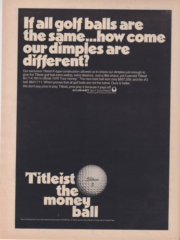 Vintage 1970 Titleist golf ball original print advertisement, bold black background with white typography and single Titleist 3 golf ball reading 'the money ball'