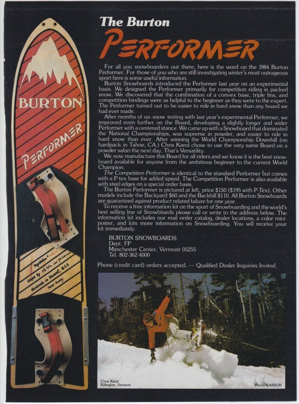 Vintage 1984 Burton Performer original print advertisement, showing red and white snowboard with action shot of rider Chris Karol at Killington Vermont