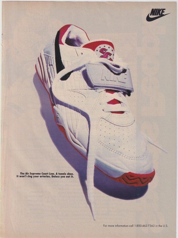 Vintage 1989 Nike Air Supreme Court Low original print advertisement, dramatic floating studio shot of white red and black tennis shoe with bold Nike swoosh logo