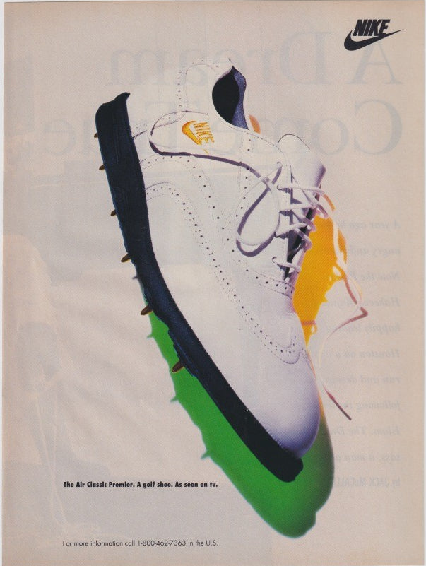 Vintage 1990s Nike Air Classic Premier original print advertisement, white leather golf cleat with navy spike sole floating above vivid green and yellow color splashes on cream background
