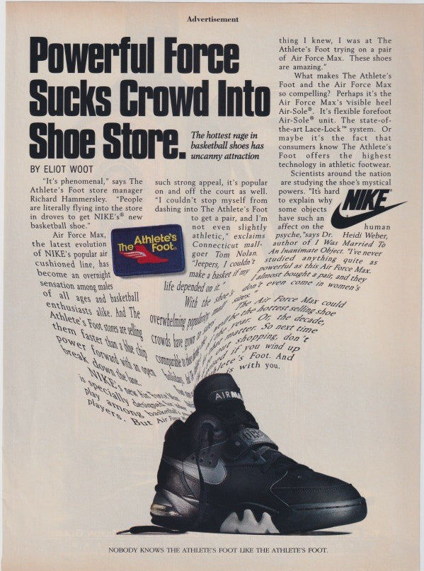 Vintage 1987 Nike Air Force Max original print advertisement, bold headline with swirling text and black high-top basketball shoe, Athlete's Foot retail ad