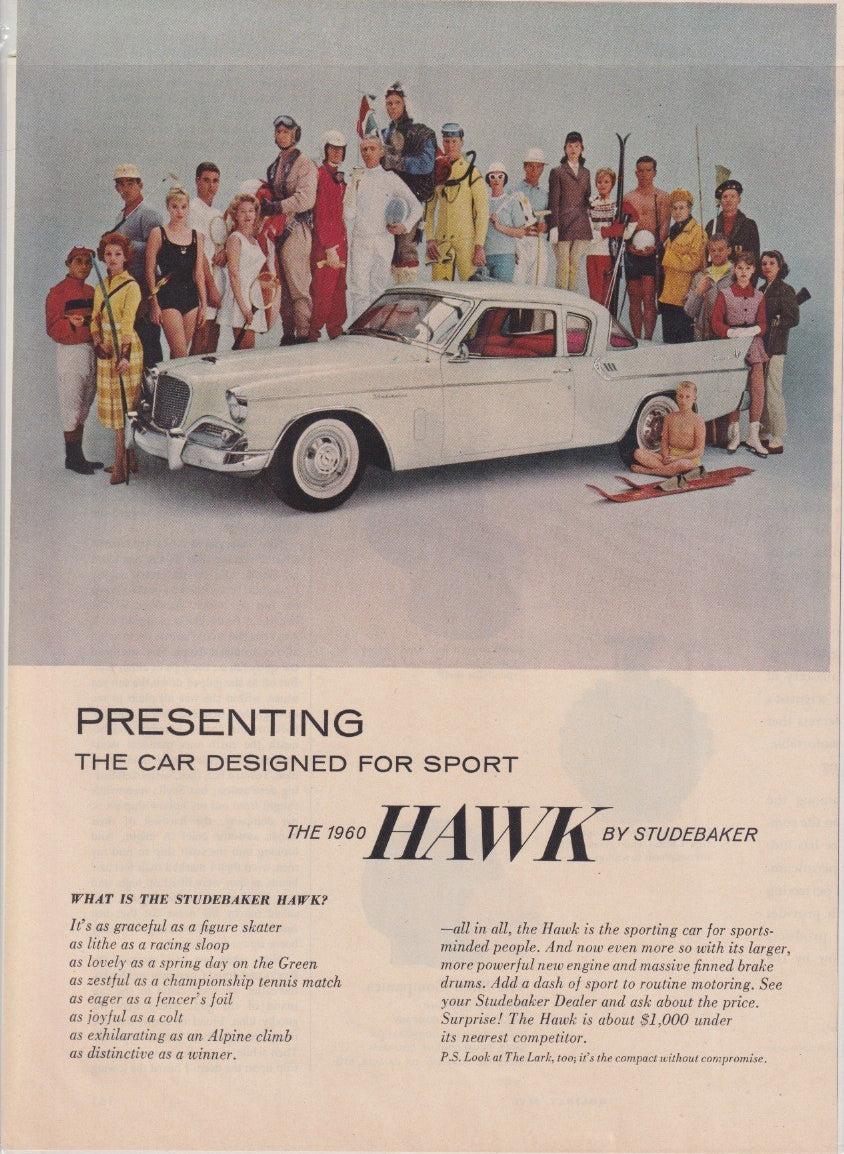Vintage 1960 Studebaker Hawk original print advertisement, white coupe surrounded by athletes in sporting attire with headline 'Presenting The Car Designed For Sport'