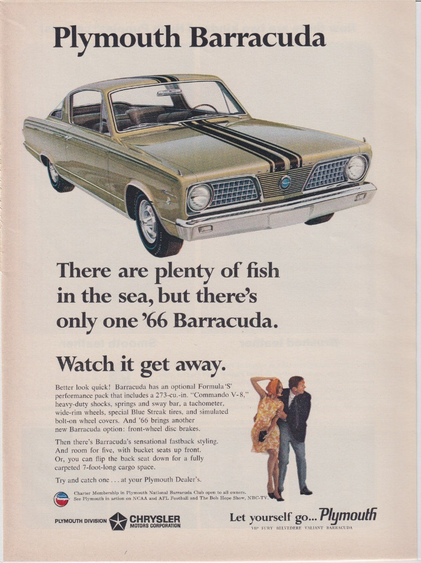 Vintage 1966 Plymouth Barracuda original print advertisement, gold Formula S fastback with racing stripes, lifestyle couple vignette, Chrysler Motors Corporation branding