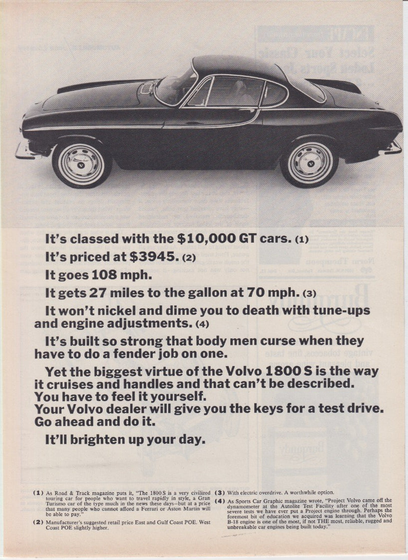 Vintage 1960s Volvo 1800S original print advertisement, black and white profile view of the sleek Swedish GT coupe with bold comparative copy