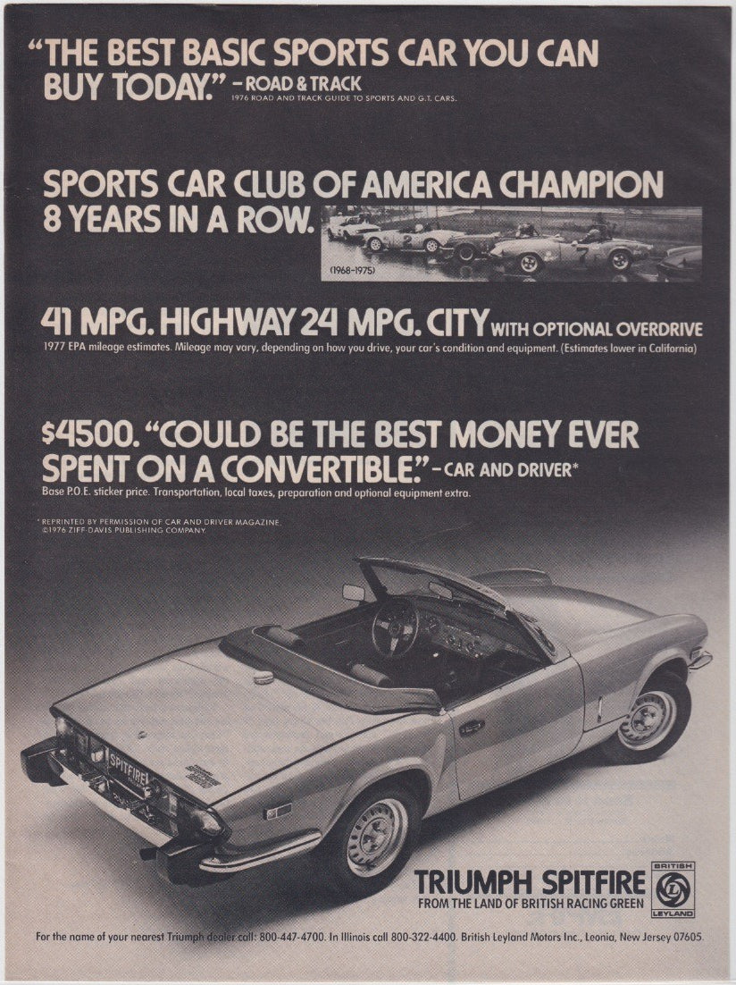 Vintage 1977 Triumph Spitfire original print advertisement, overhead view of silver open-top convertible on dark background with Road & Track and Car and Driver endorsement quotes