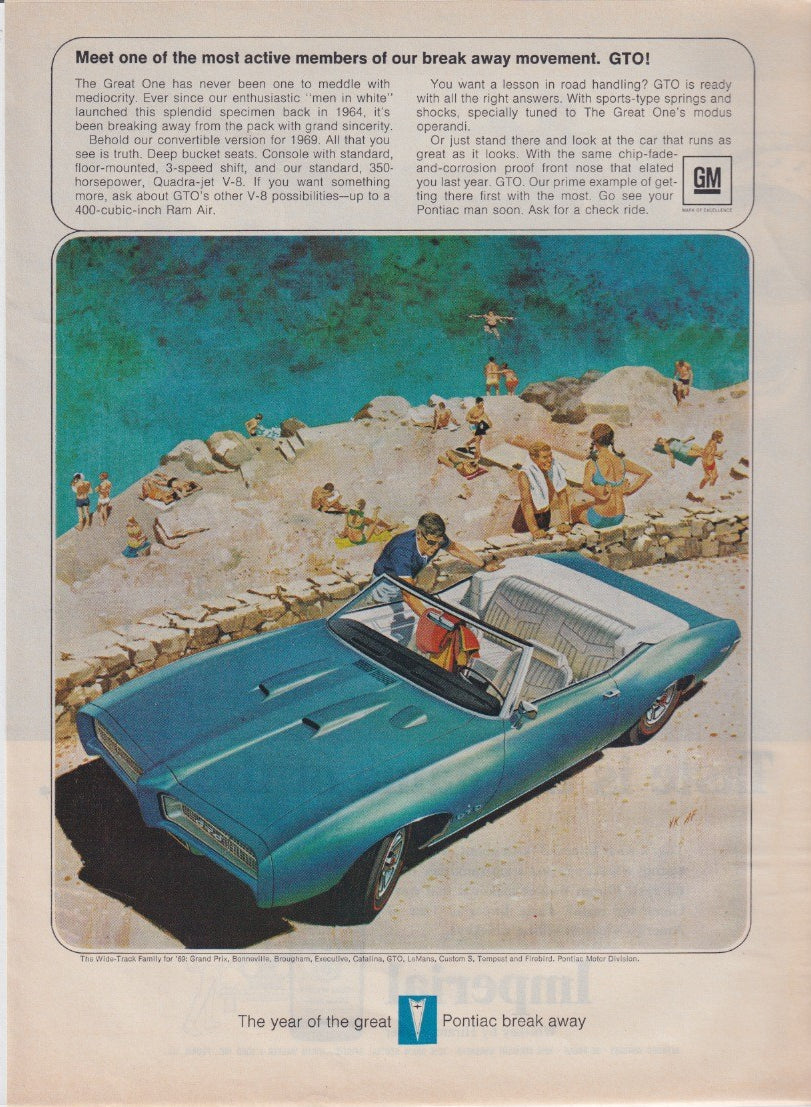 Vintage 1969 Pontiac GTO Convertible original print advertisement, aerial illustration of teal convertible parked at a rocky beach with sunbathers