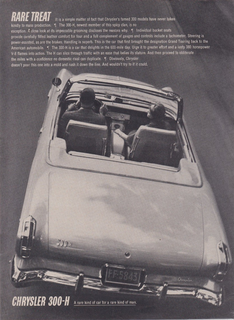 Vintage 1962 Chrysler 300-H original print advertisement, dramatic aerial overhead view of white convertible with two passengers, black and white photography