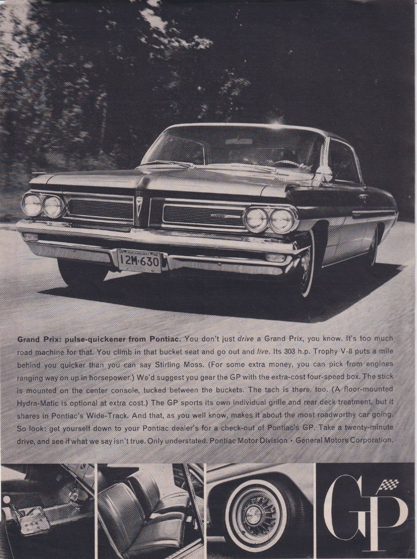 Vintage 1962 Pontiac Grand Prix original print advertisement, dramatic low-angle black and white photo of Grand Prix on open road with interior detail insets below