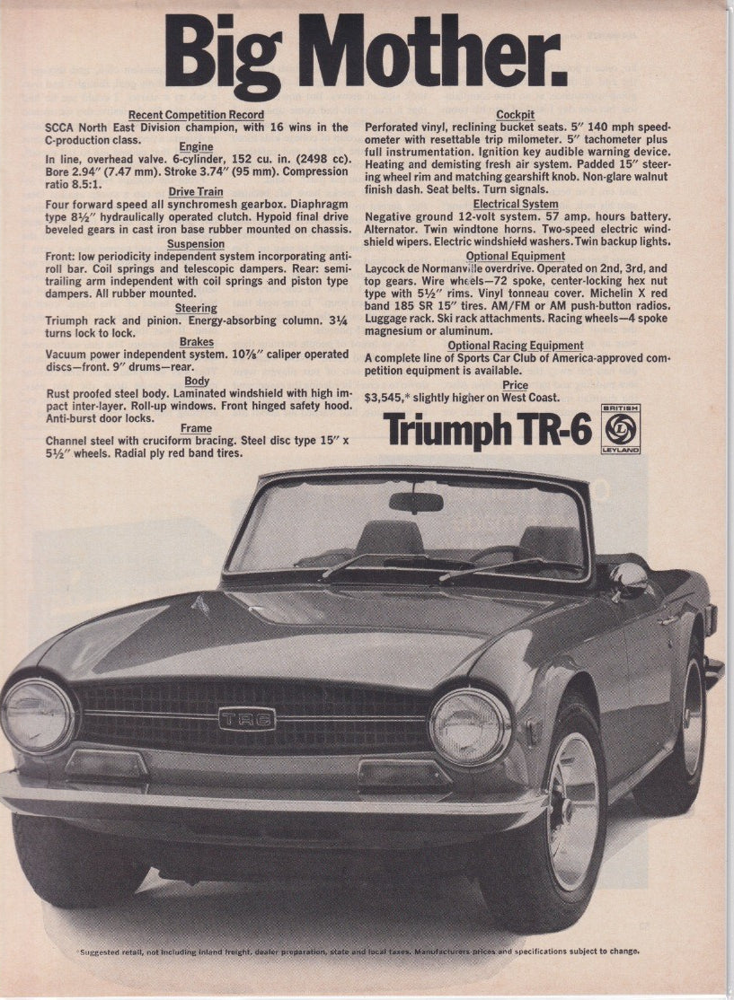 Vintage 1972 Triumph TR-6 original print advertisement, black and white image of convertible sports car from front three-quarter angle with 'Big Mother' headline