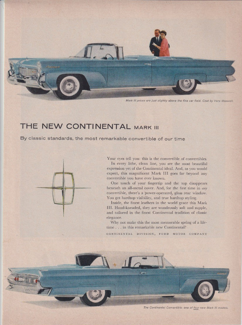 Vintage 1958 Lincoln Continental Mark III original print advertisement, powder-blue convertible shown in dual profile views with elegantly dressed couple