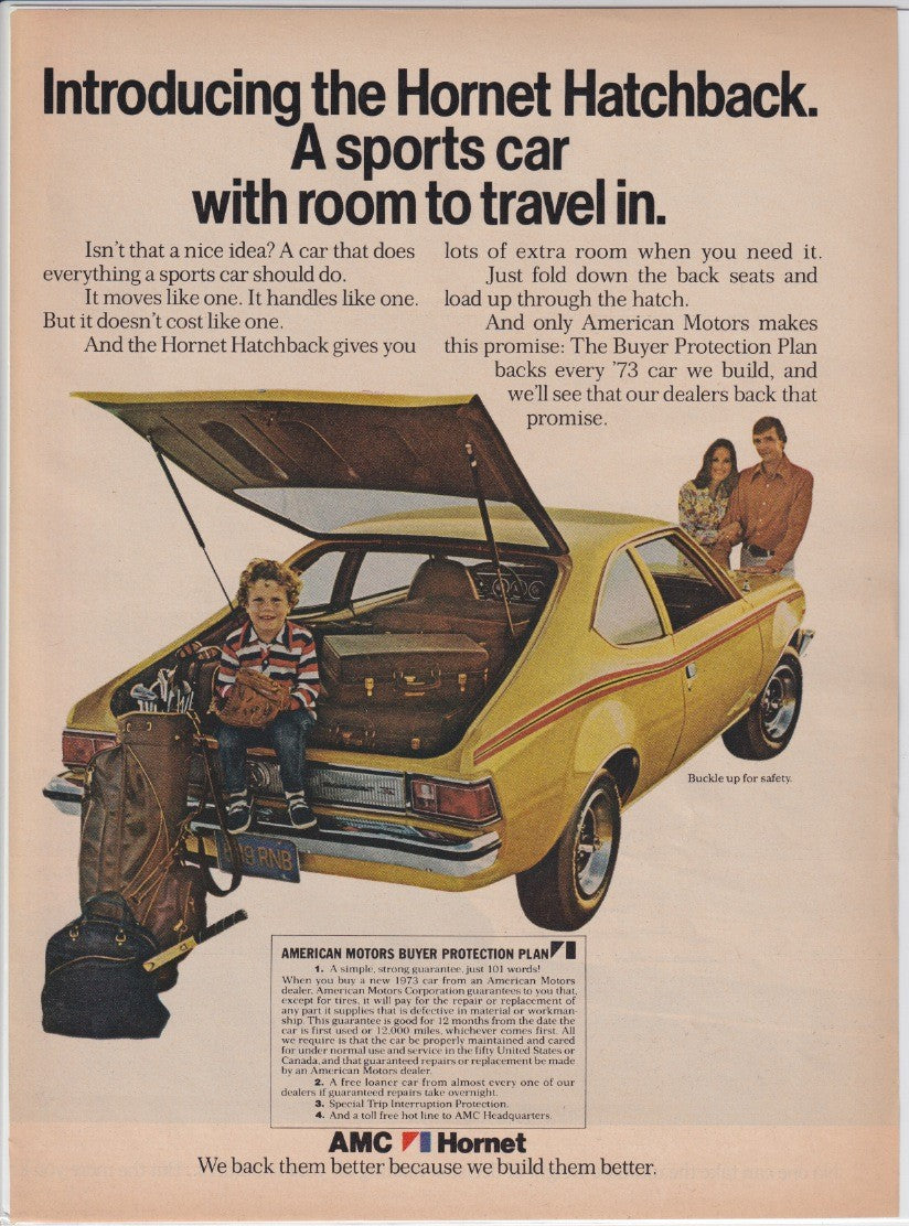 Vintage 1973 AMC Hornet Hatchback original print advertisement, yellow hatchback with tailgate open, young family loading luggage and golf clubs