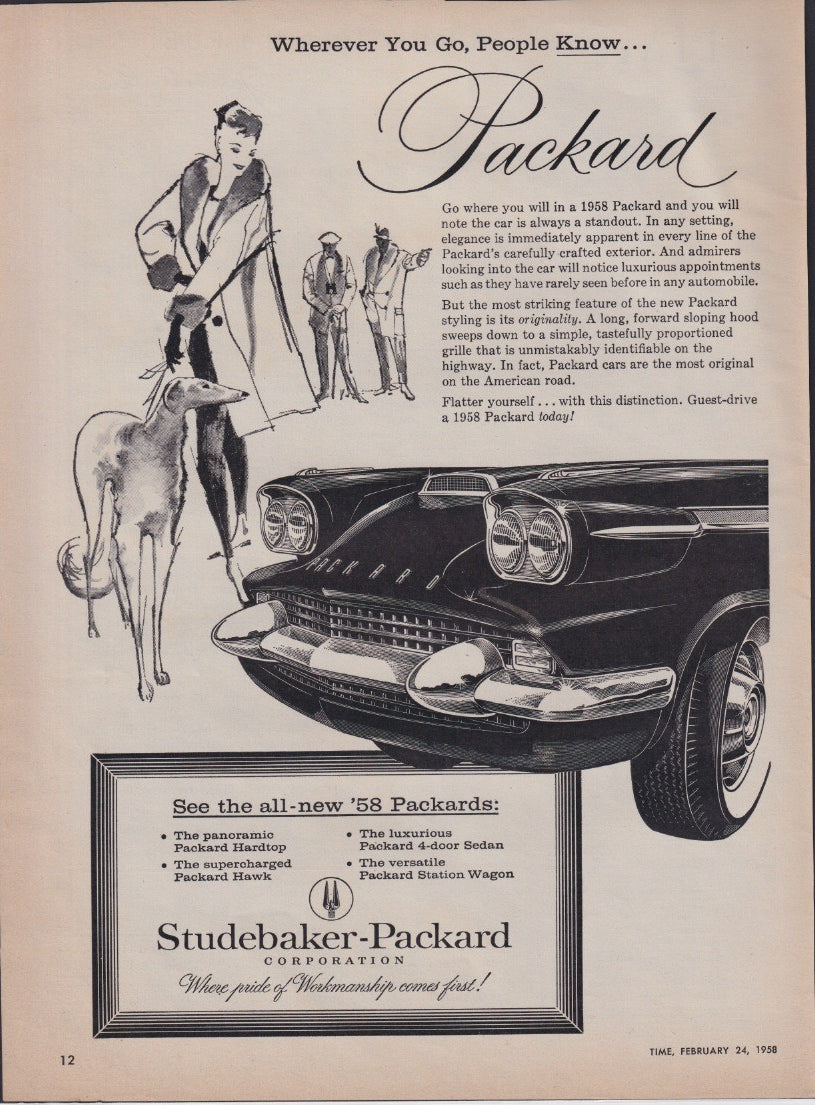 Vintage 1958 Packard Studebaker-Packard Corporation original print advertisement, black and white illustration of elegant woman with greyhound and dramatic front grille rendering