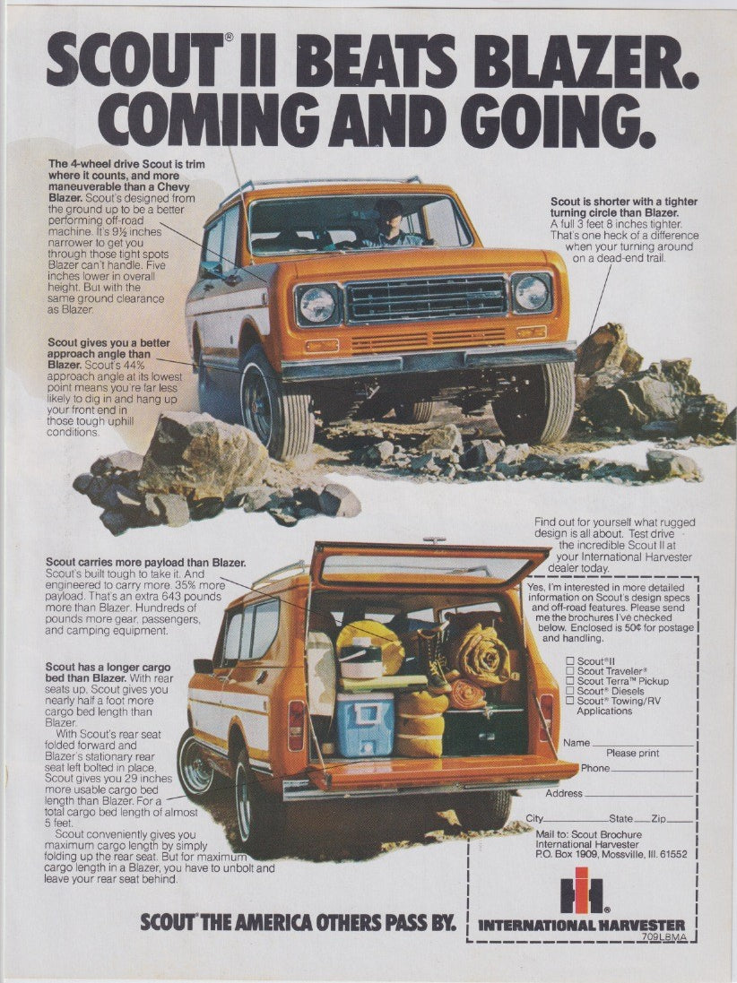 Vintage 1970s International Harvester Scout II original print advertisement, orange Scout II on rocky terrain with open cargo bay loaded with gear