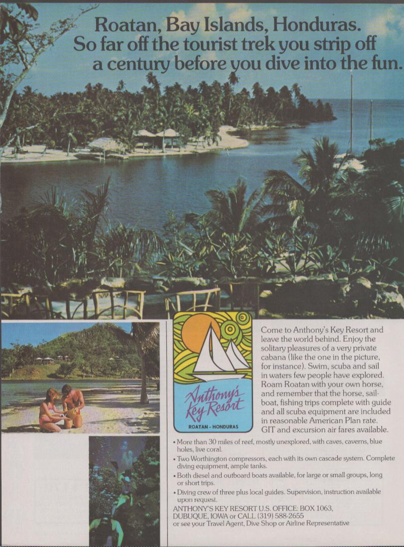 Vintage 1970s Anthony's Key Resort Roatan Honduras original print advertisement, aerial view of tropical island coves with scuba diving and sailing imagery