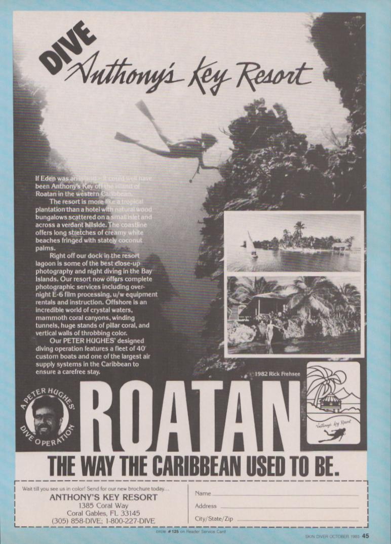 Vintage 1985 Anthony's Key Resort Roatan original print advertisement, black and white image of scuba diver silhouetted against coral rock formations with Caribbean resort inset photos