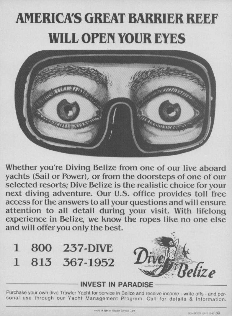 Vintage 1985 Dive Belize original print advertisement, black and white illustration of wide-eyed diver through scuba mask with bold headline about America's Great Barrier Reef