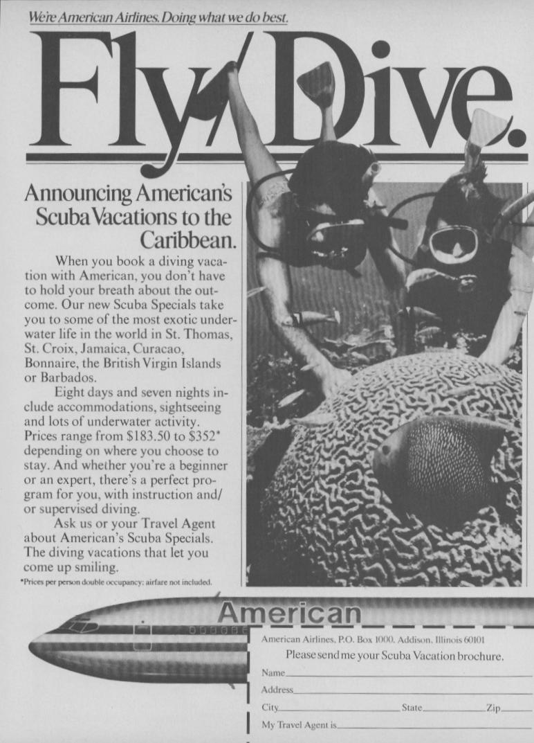Vintage 1970s American Airlines Scuba Caribbean Vacation original print advertisement, bold Fly/Dive headline above black and white photo of divers descending over coral reef