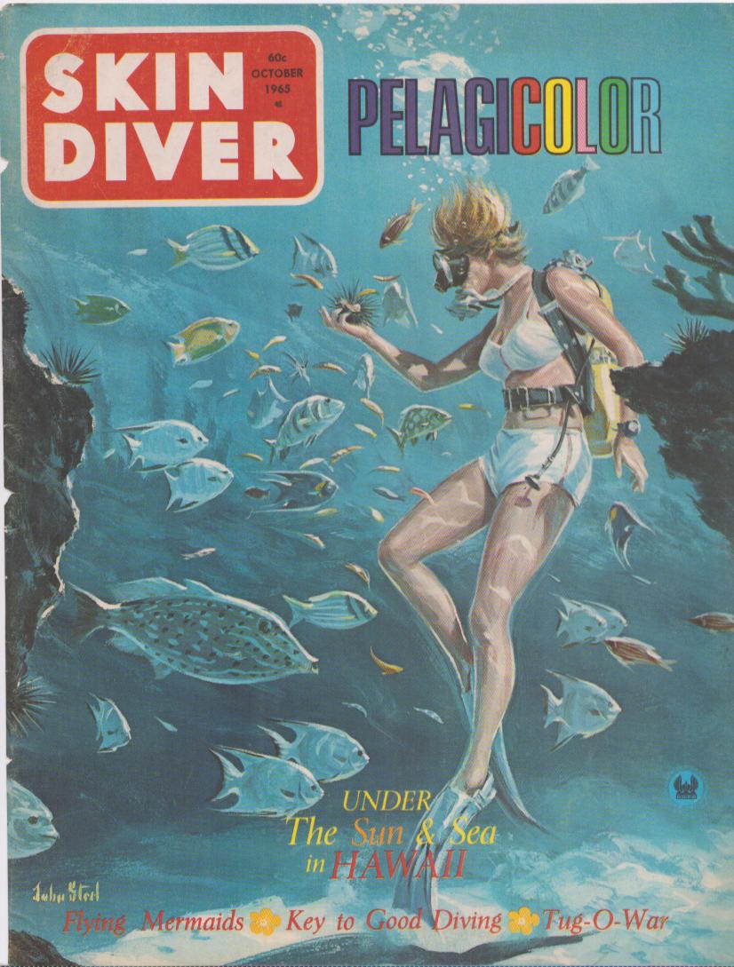 Vintage 1965 Skin Diver Pelagicolor original print advertisement, illustrated cover showing female scuba diver surrounded by tropical fish with Hawaii feature headline