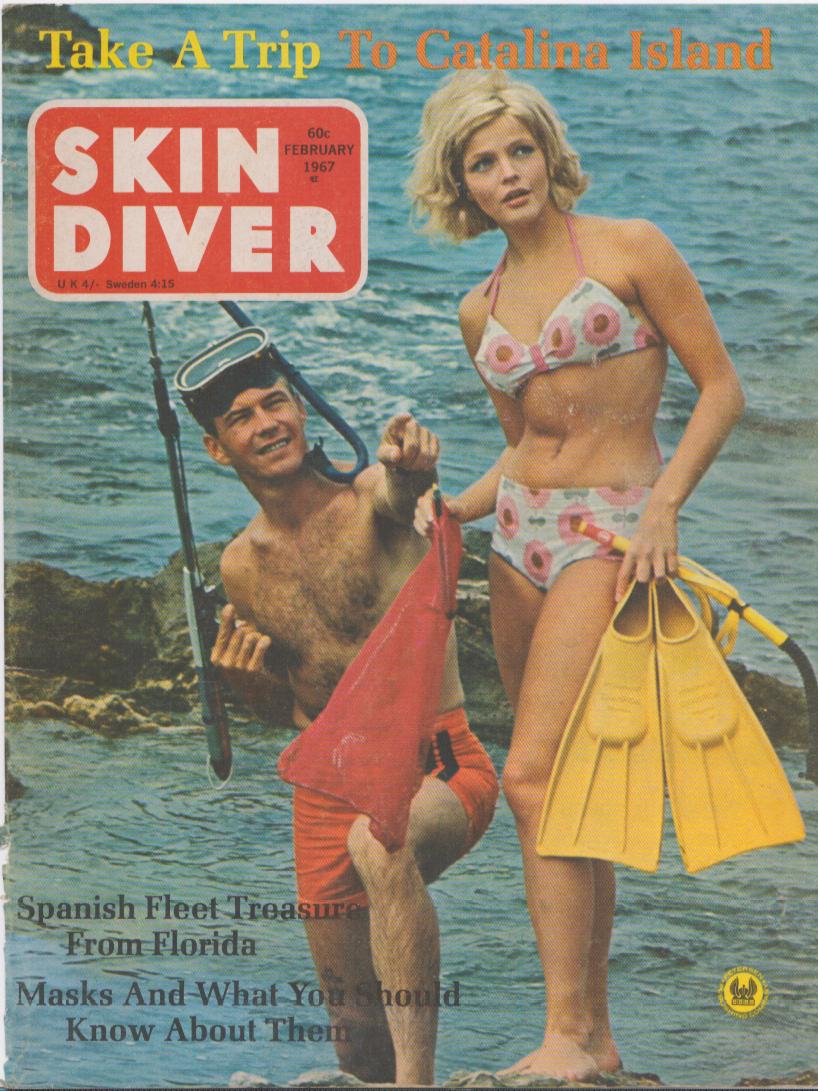 Vintage 1967 Skin Diver magazine cover original print advertisement, couple with snorkeling gear on rocky shoreline with Catalina Island headline